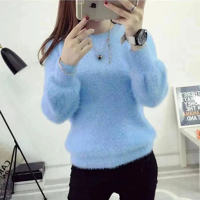 Winter Imitate Mink Wool Hot Fleecing Female Casual Sweater O-neck Long Puff Pink Solid Women Knitted Tops Elastic Pullovers Blue 1 One Size
