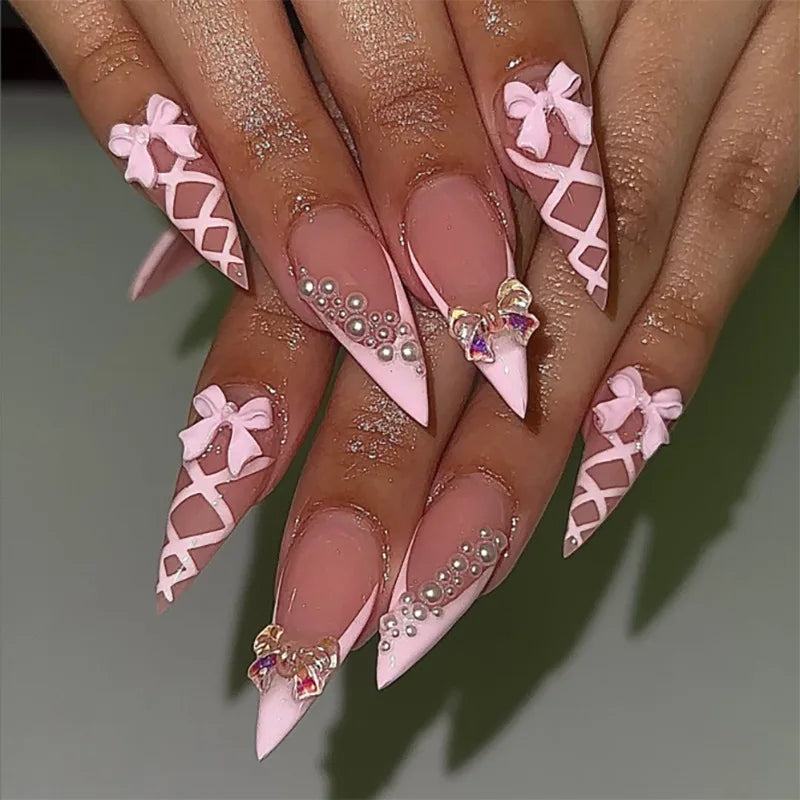 24pcs Long Stiletto Almond Fake Nails Art Wearable Pink Bow Design False Nail with Pearl Design French Press on Nails Finished