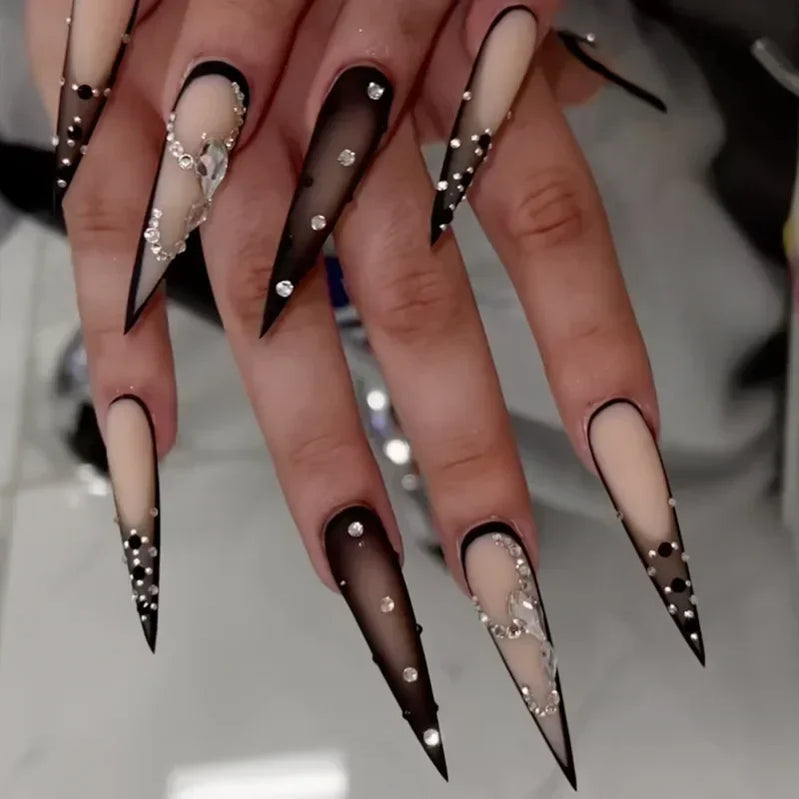 24Pc Long Stiletto Press on Nails Cherry Pink French False Nails with 3D Bow Pearls Design Detachable Acrylic Fake Nail Art Tips