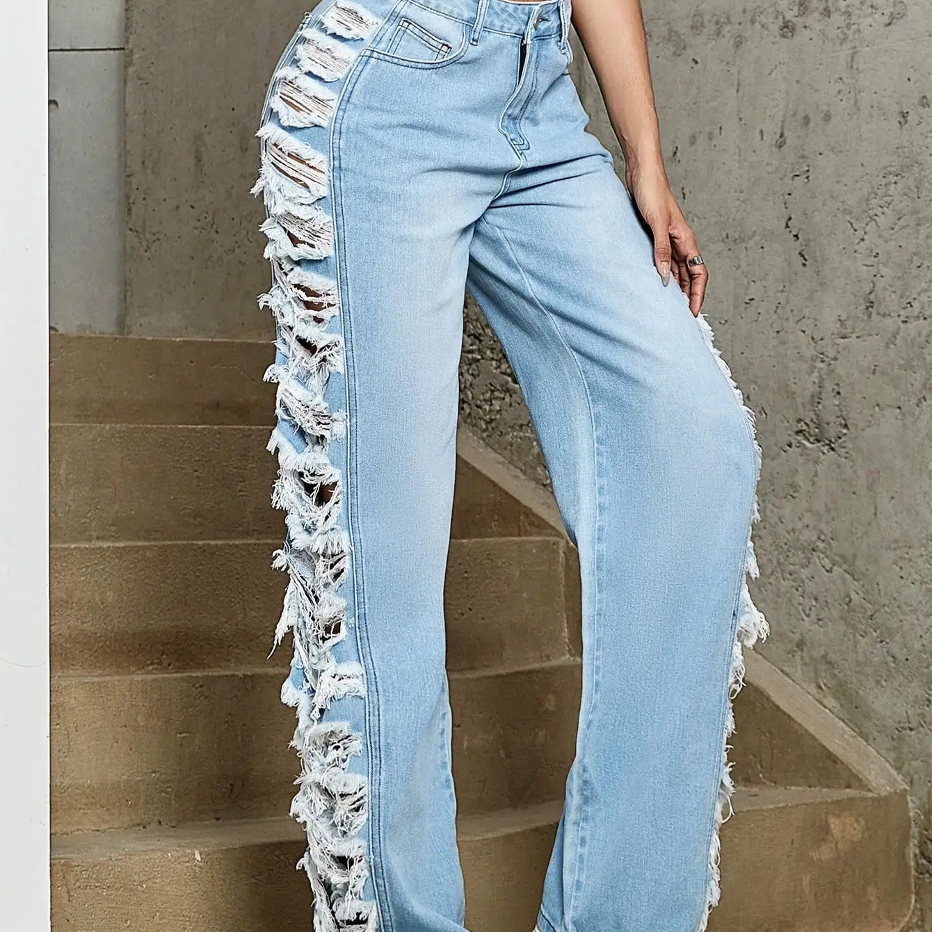 Y2K Women Fashion Side Ripped Detail Jeans Street Solid Low Waist Washed Blue Straight Leg Ladies Denim Trousers