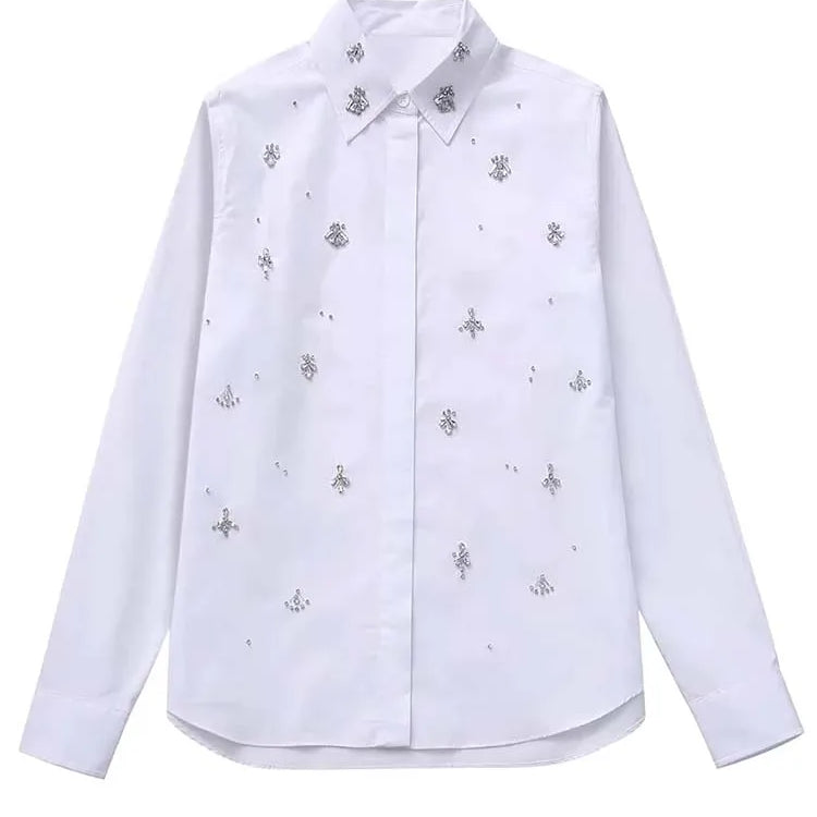 White Shirt Women Rhinestone Button up Shirts for Women Long Sleeve Shirts and Blouses Woman Asymmetric Tops