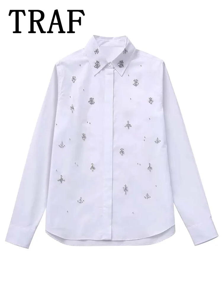 White Shirt Women Rhinestone Button up Shirts for Women Long Sleeve Shirts and Blouses Woman Asymmetric Tops