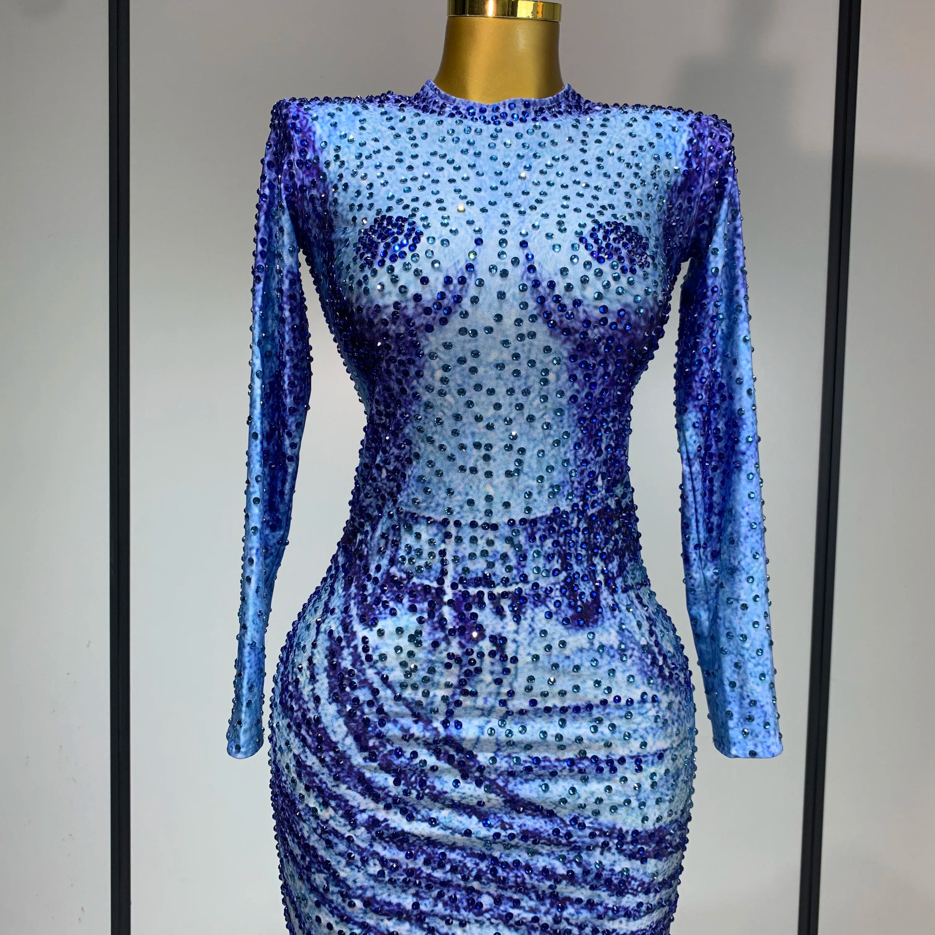 Ladies Sexy Sparkly Rhinestones Blue Long Sleeve Short Dress Women Evening Luxury Birthday Party Nightclub Singer Stage Outfit