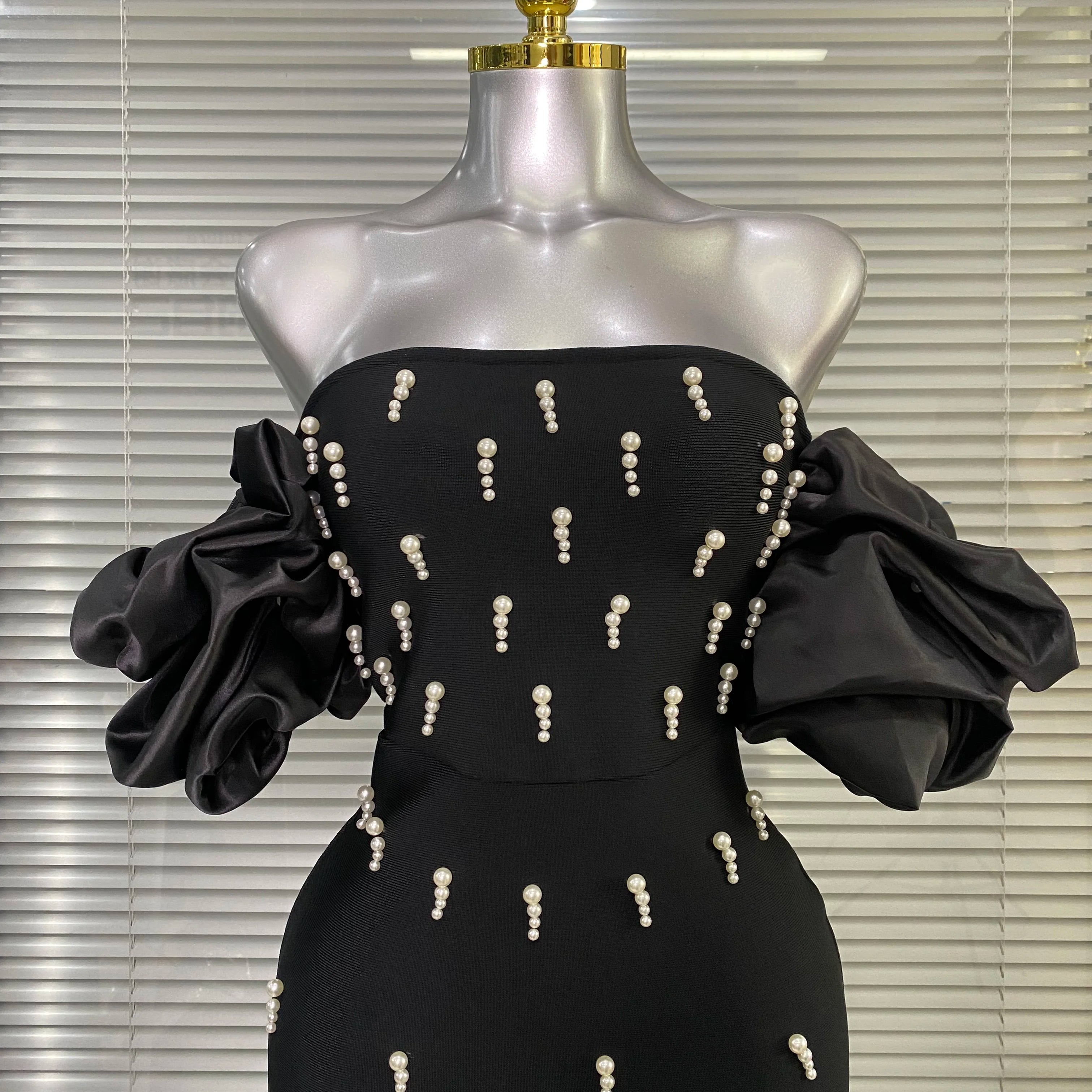 Women Sexy Black Pearl Off the Shoulder Long Bodycon Bandage Dress High Street Elegant Celebrity Party Dress