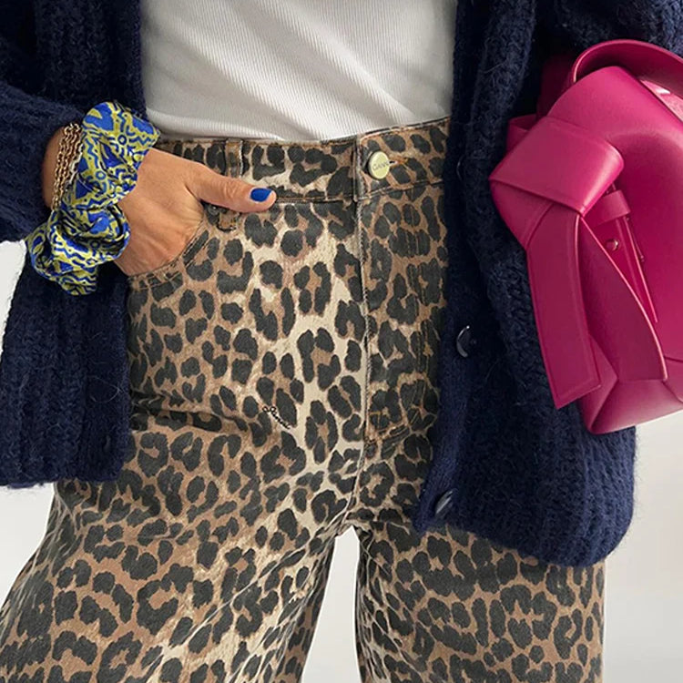 Fashion Leopard Print Wide Leg Pants Women Chic Glitter High Waist Elastic Lace Up Loose Long Pants Casual High Street Wear