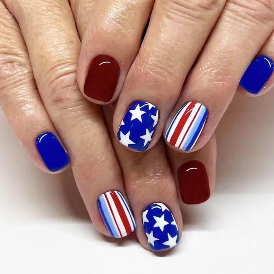 24pcs/set short square fake nails for US Independence Day blue red white star strawberry  with glitter press on false nail tips