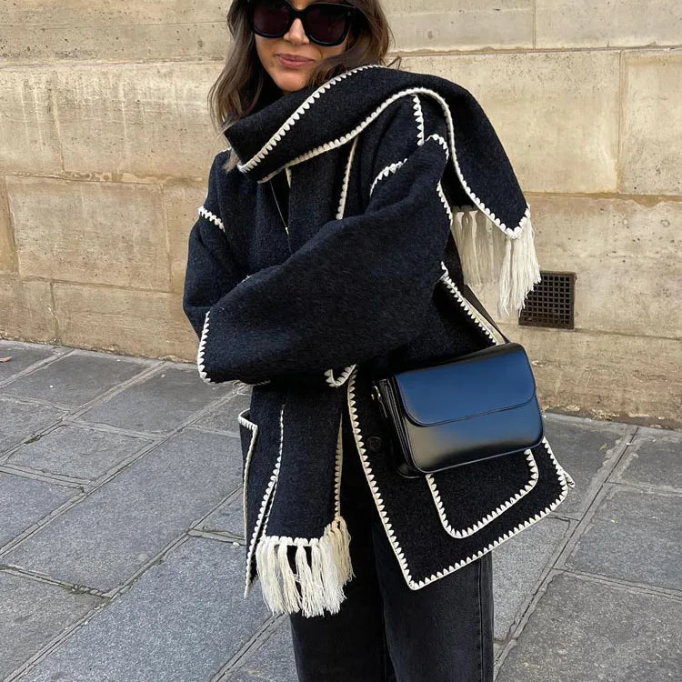 TRAFZA 2023 Autumn Fashion Woman Black Crochet Scarf Coat O Neck Long Sleeve Button Straight Casual Vintage Female Cozy Coats