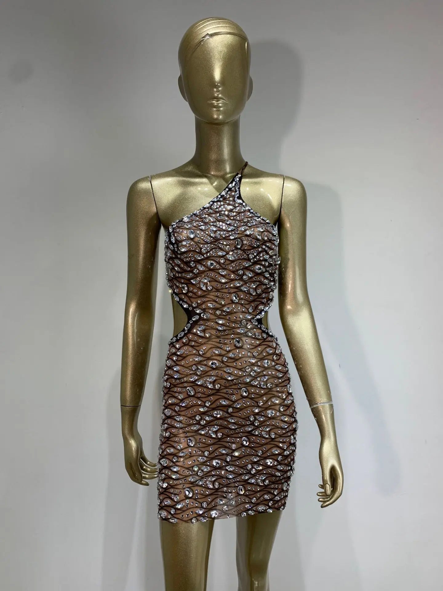 Robe courte sexy asymétrique à épaules dénudées et diamants pour femme, tenue de fête d'anniversaire, de bar, de discothèque, de spectacle sur scène, 2025