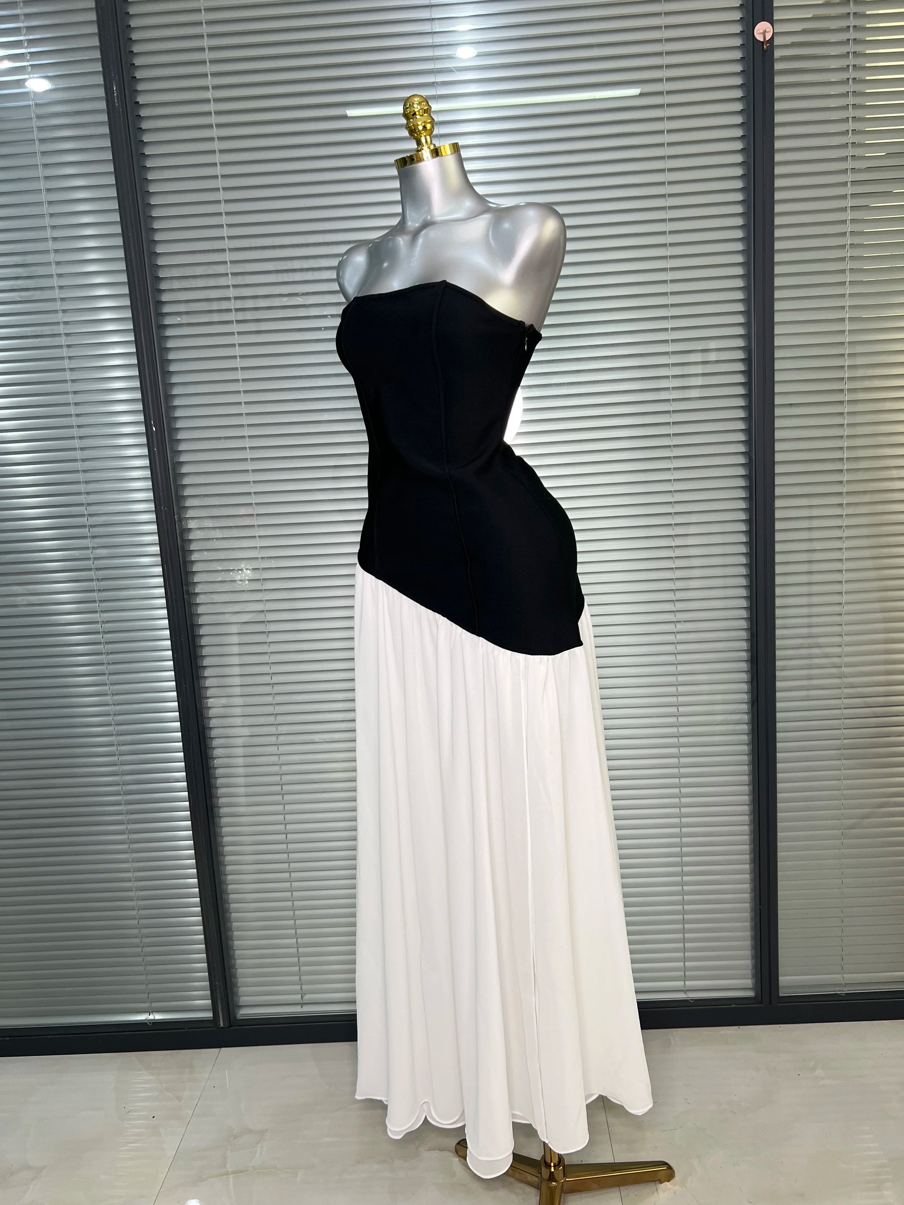 Brand New 2025 Women Sexy Strapless Bodycon Maxi Dress Patchwork High Street Evening Party Dress Vestido