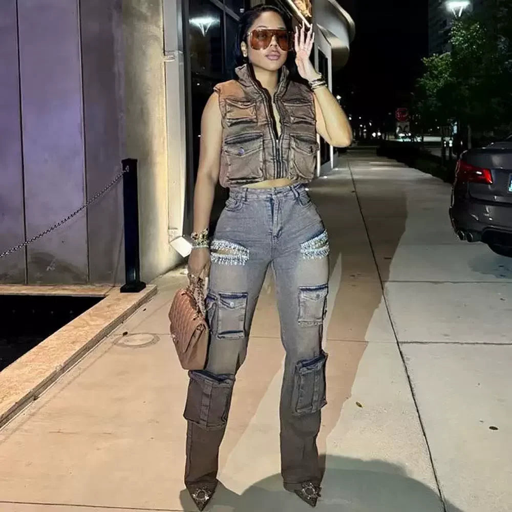 CM.YAYA Women Cutout Diamonds Crystal Hollow Out Straight Denim Pants 2024 Fall Multi Pocket High Waist Wide Leg Jeans Trousers