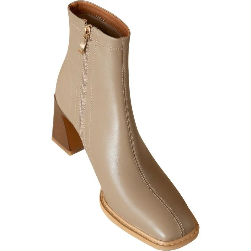 Women's Boots square Toe Slip-on Mid Heel Solid Color Mid-calf Ladies Boots Office Lady Concise Fashion Trend Ins Female Shoes