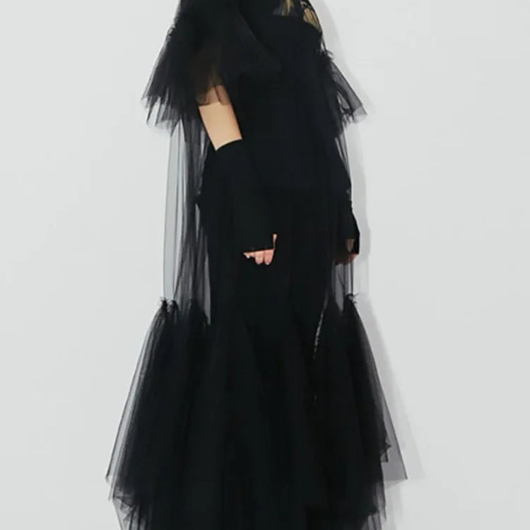 DEAT Summer Women's Dress New Fashion Round Neck Loose Gauze Spliced Ruffles Sleeve Ankle-length Dresses Female JR77101