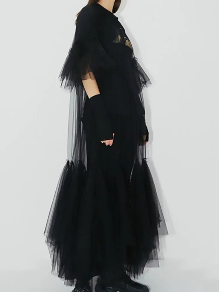 DEAT Summer Women's Dress New Fashion Round Neck Loose Gauze Spliced Ruffles Sleeve Ankle-length Dresses Female JR77101