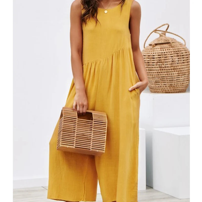 Women Casual Loose Long Jumpsuit Summer Solid Strap Wide Leg Jumpsuit Tie Up Backless Solid Color Vacation macacao feminino Yellow