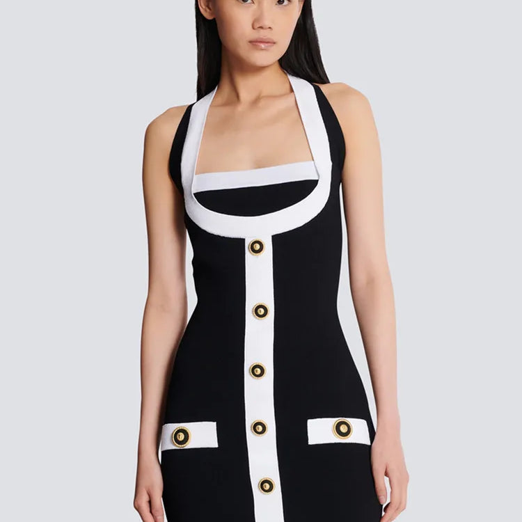 Women Celebrity Sexy Backless Halter Button Bodycon Black Mini Bandage Dress 2025 Elegant Evening Club Party Outfit