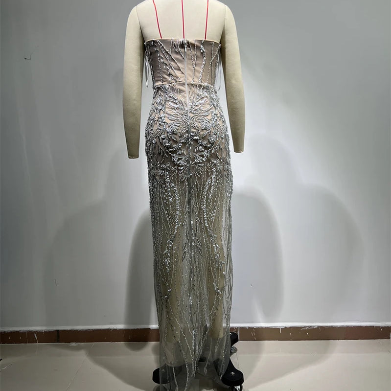 Luxury Diamonds Beading Sexy High Slit V-Neck Strapless Ankle Length Dress Goddess Dress Celebrity Evening Party Outfit
