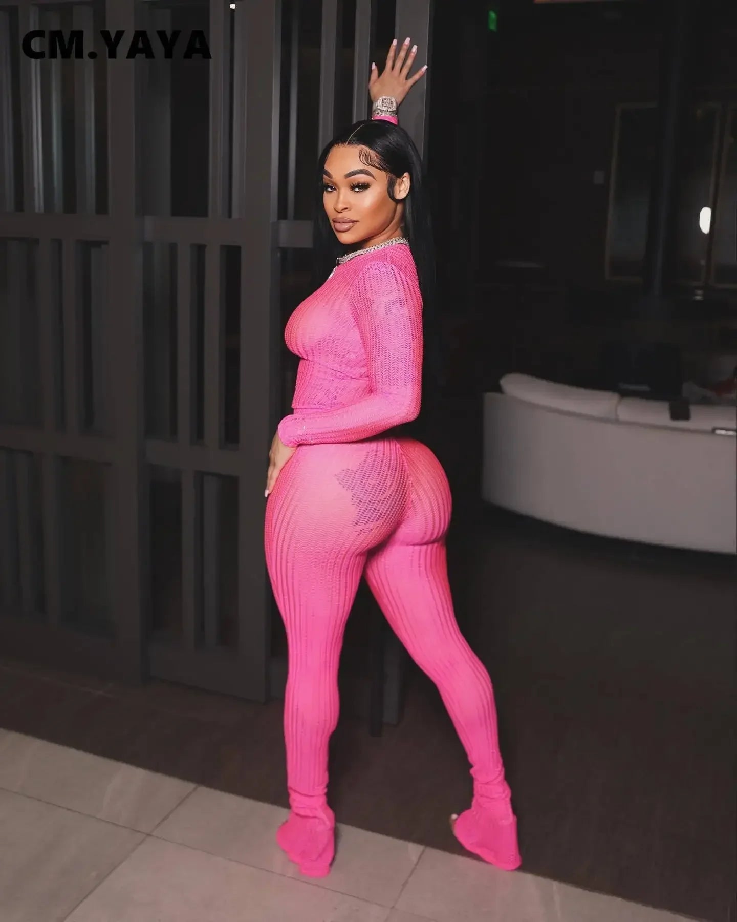 CM.YAYA Fashion See Though Women's Set Long Sleeve T-shirt and Flare Pants 2024 Active Street Two 2 Piece Sets Outfits Tracksuit