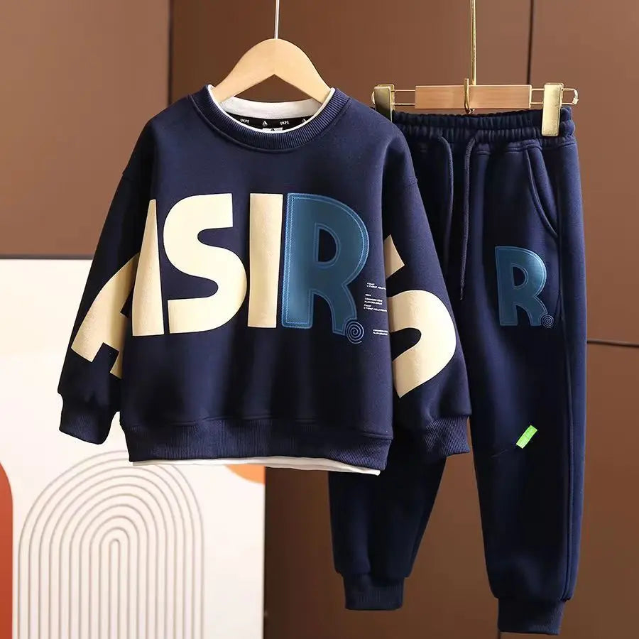 Korea Style Autumn Casual Kids Clothes Boy Set Teenage Letter Print Pullover Sweatshirt Top and Jogger Pants Suit Kids Tracksuit Blue