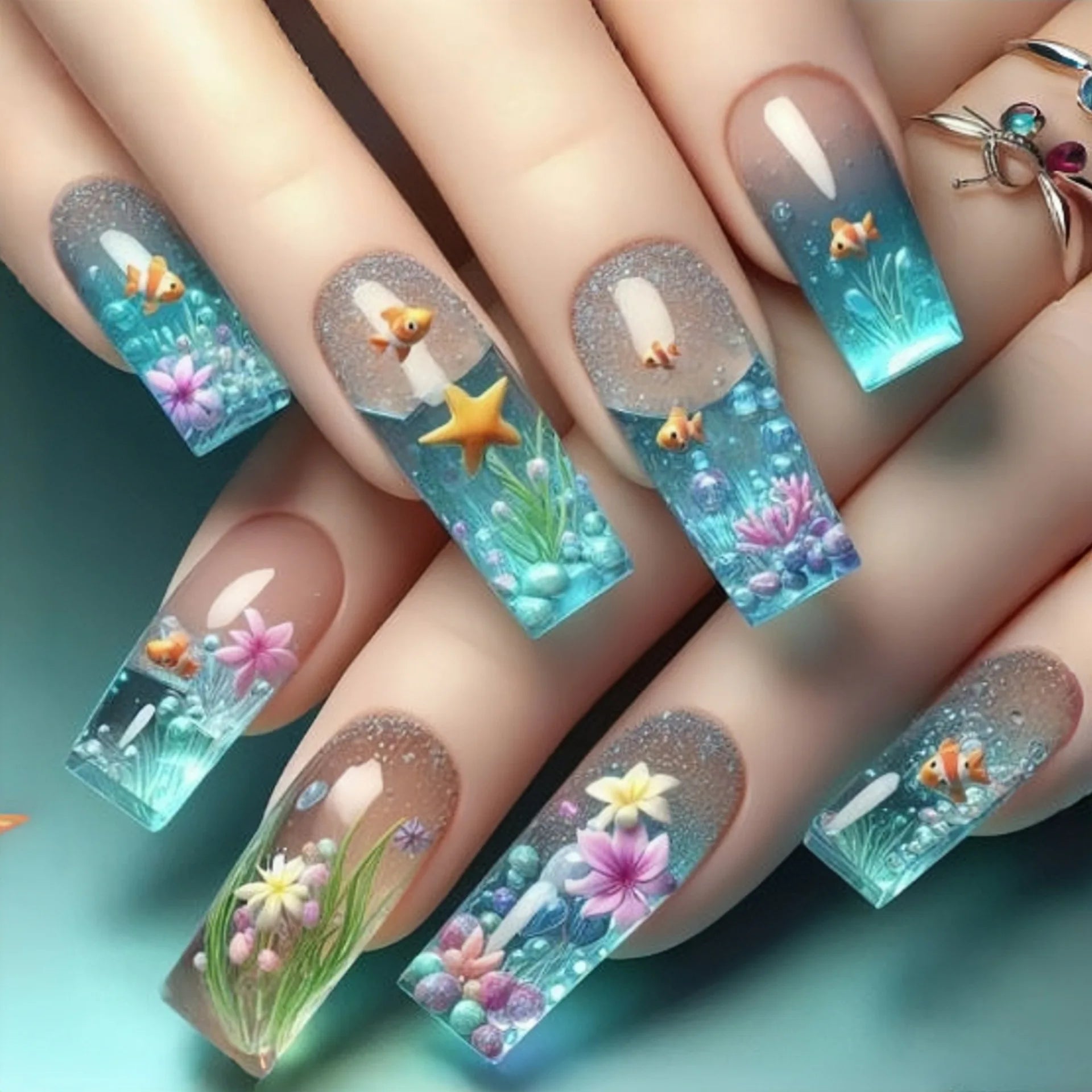 24pcs/set Medium long fake nails Gradient blue ocean fish sun flowers butterfly square ballet summer tips press on false nail