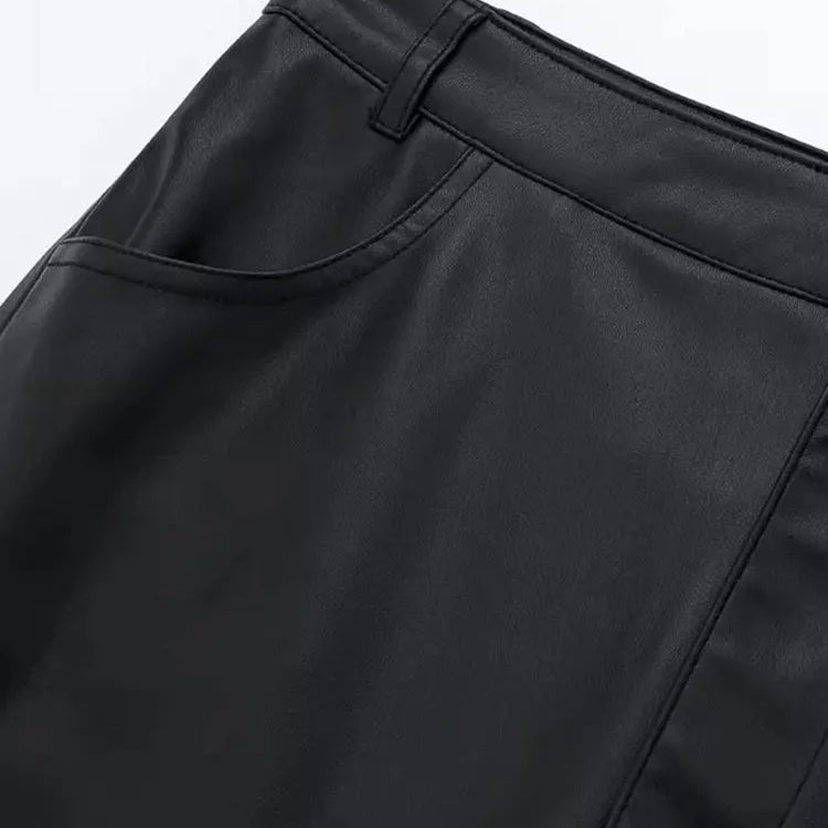 TRAF 2023 Autumn Women's Zipper Fly Lady Skirts Mujer Side Pockets Faux Leather Midi Skirt Clothing