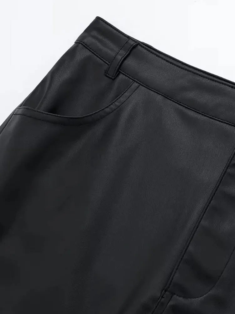 TRAF 2023 Autumn Women's Zipper Fly Lady Skirts Mujer Side Pockets Faux Leather Midi Skirt Clothing