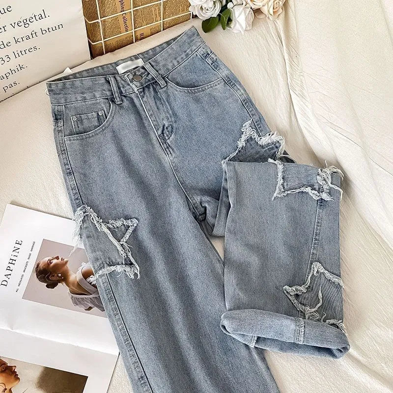 Denim Popular Ins Fashion Korean WIth Star Spring Autumn New High Waist Straight Leg Loose Fitting Jeans Blue