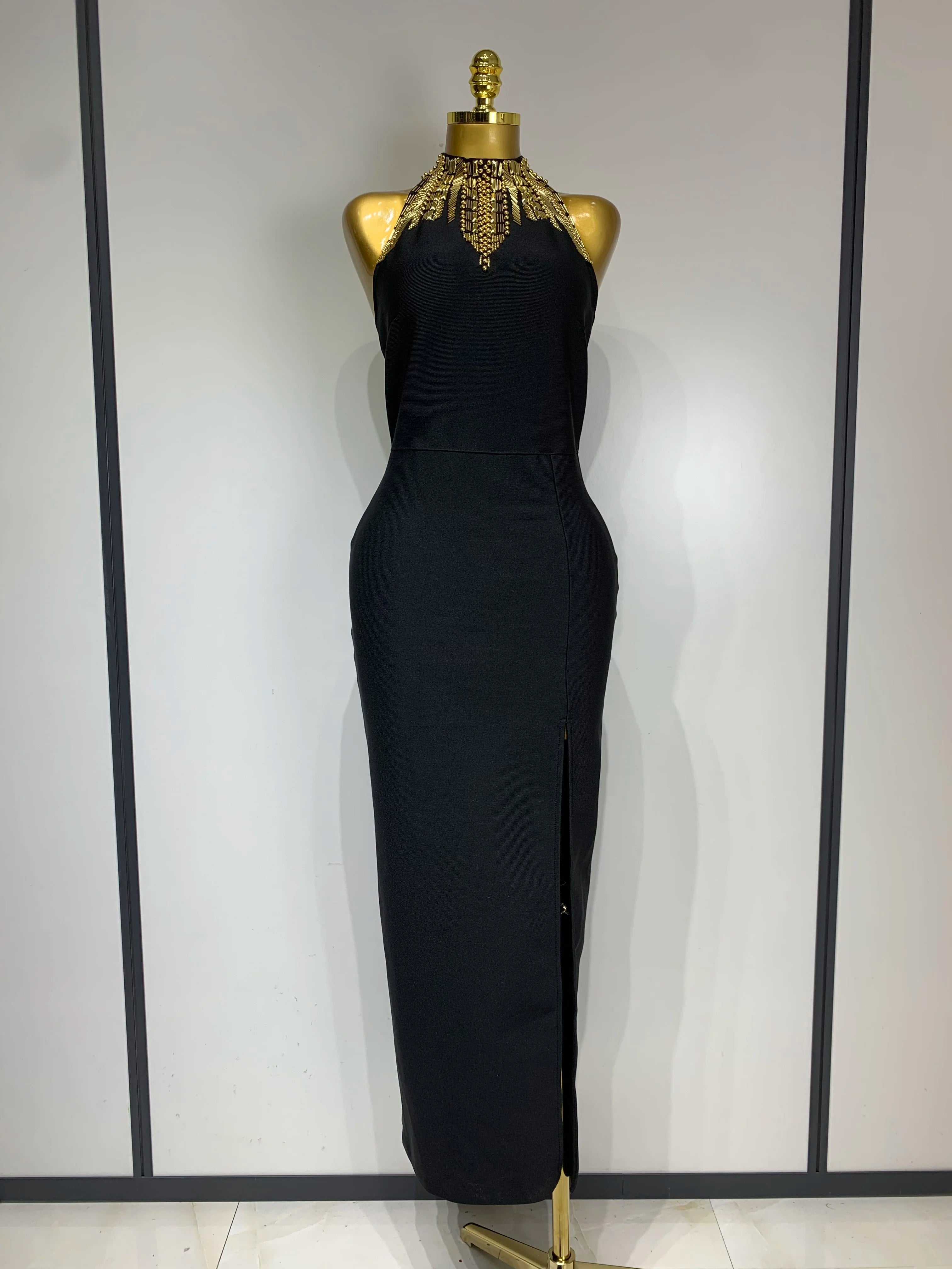 Women Fashion Celebrity Sexy Backless Beading Midi Black Bodycon Bandage Dress 2025 Elegant Evening Club Luxury Birthday Dresses