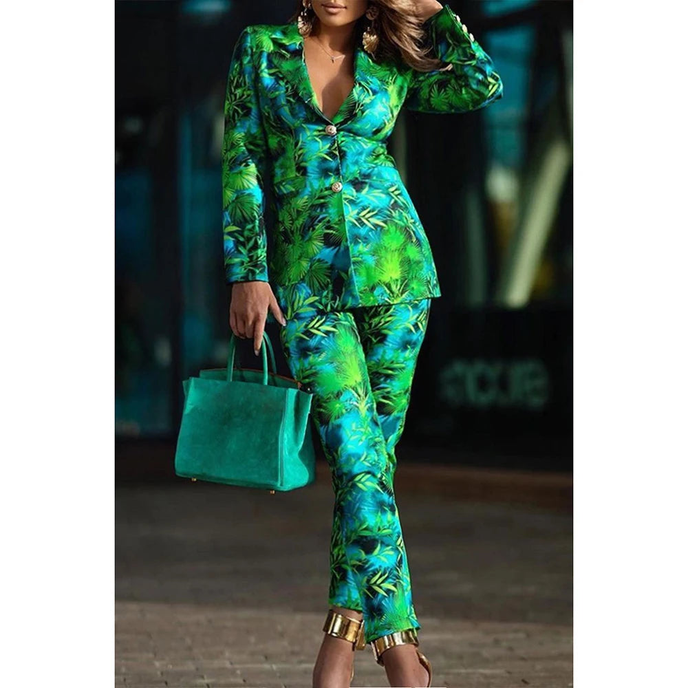 Flycurvy Plus Size Business Casual Pan Set Green Print Lapel Long Sleeve Blazer Suit Two Piece Pant Set