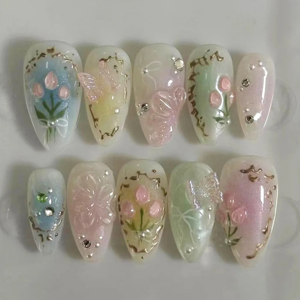 24Pcs Almond False Nails with Broken Diamond Fashion Green Flower Design Nail Art Tips Wearable Full Cover Press on Fake Nails