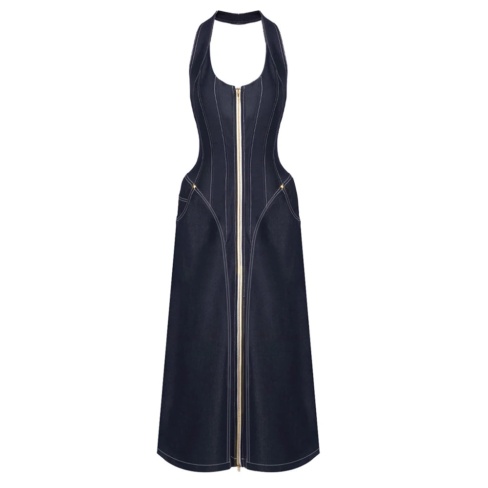 VC Edgy-Chic Denim Halter Zipper Sleeveless Backless Maxi Dress for Fashion Date Night Gown