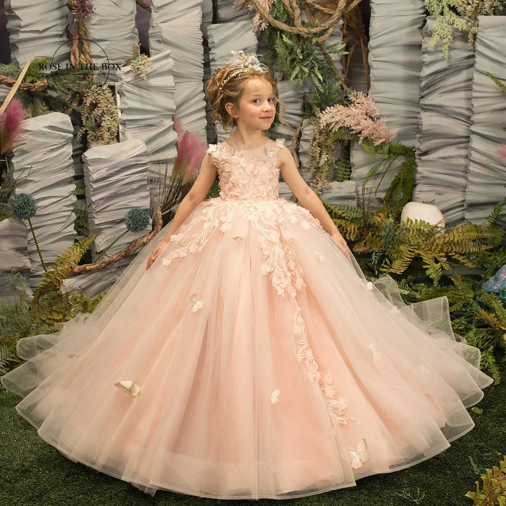 Pearl Pink Lace Flower Girl Dresses For Weddings Floral Tulle Kids Junior Bridesmaid Ball Gown First Communion Dress Wed Party