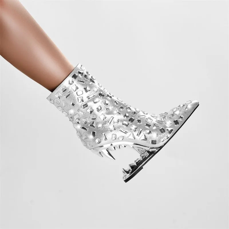 European and American Light Luxury Water Diamond Shaped Tiger Teeth High Heel Boots Women's Sexy Side Zipper Short Boots