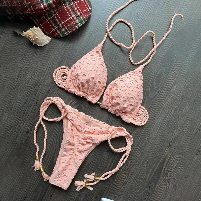 Para Praia Hollow Out Bandage Swimwear Halter Bikini Set Thong Swimsuit Women Biquini Brazilian Bathing Suit Beachwear 8289
