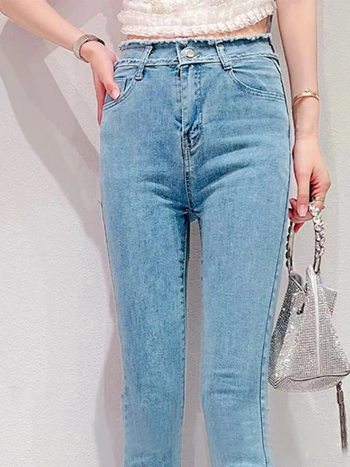 Women Jeans Summer New Korean Style Sweet Heavy Beads Luxury Rhinestone Blue Jeans Elegant Slimmin Bootcut Pants Fashion