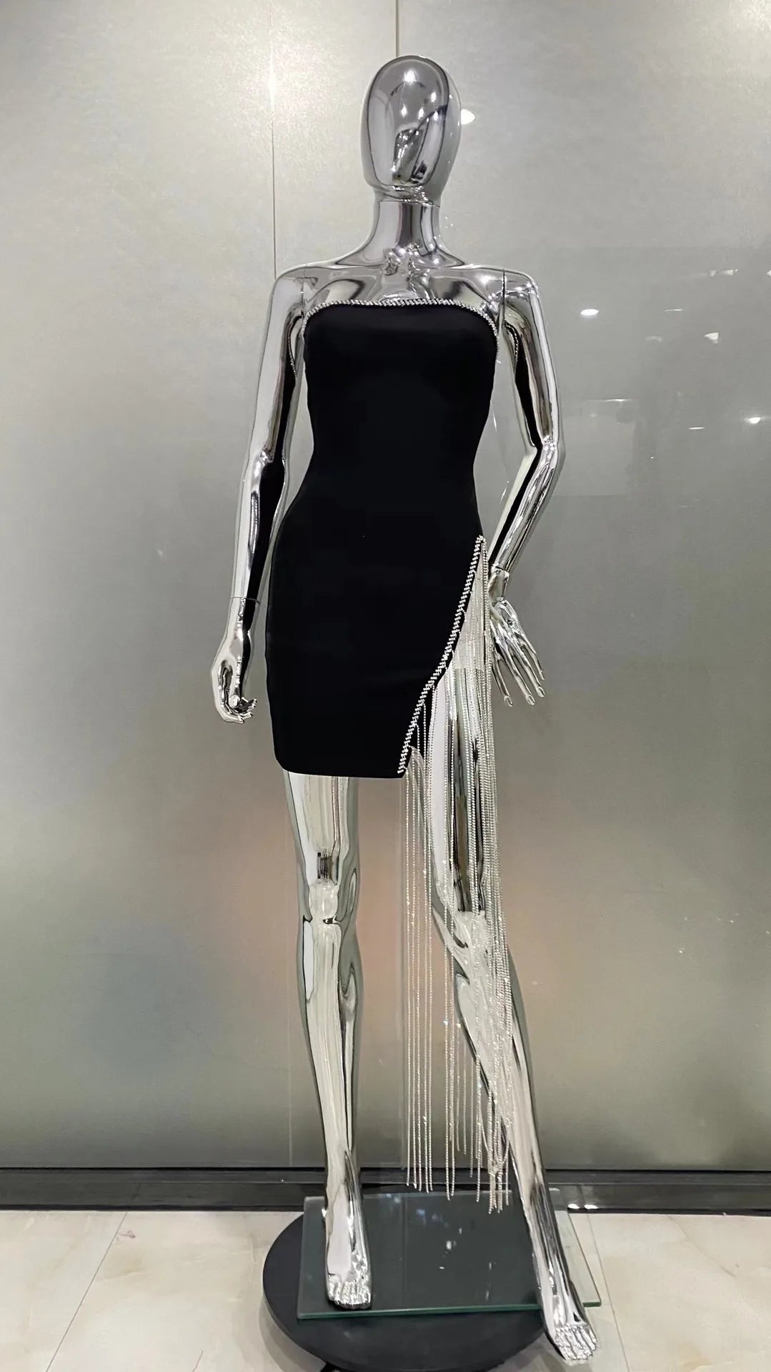 STOCK Shining Diamond Chain Sexy Slit Strapless Black Bandage Mini Dress Woman Birthday Party Dress Nightclub Party Outfit