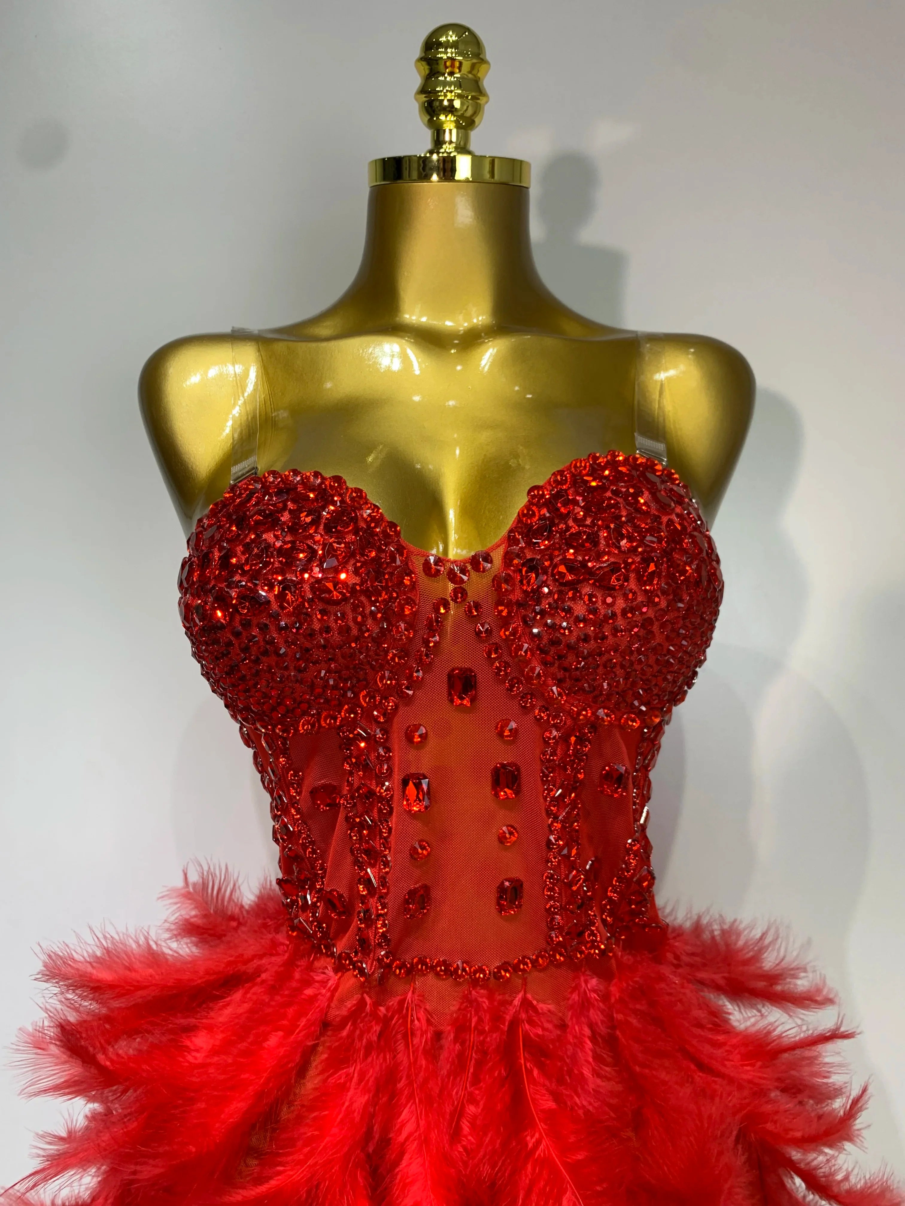 Sparkly Rhinestone Feather Mesh Long Dress Women Sexy Elegant Evening Party Luxury Birthday Photo Shoot Performance Costume