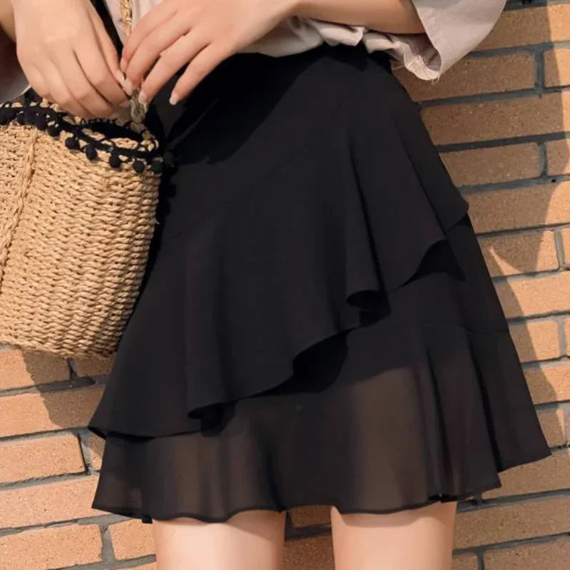 Womens Skirt Ruffle Skirts for Women Black Beach Clothing Chiffon Fashion Premium Luxury A Line Summer New in Korean Style