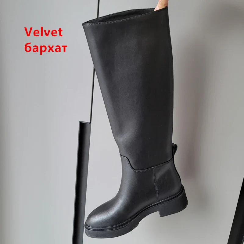 FEDONAS Ins Genuine Leather Knee High Boots For Women Thick Heeled Autumn Winter Warm Shoes Woman High Motorcycle Boots blackR