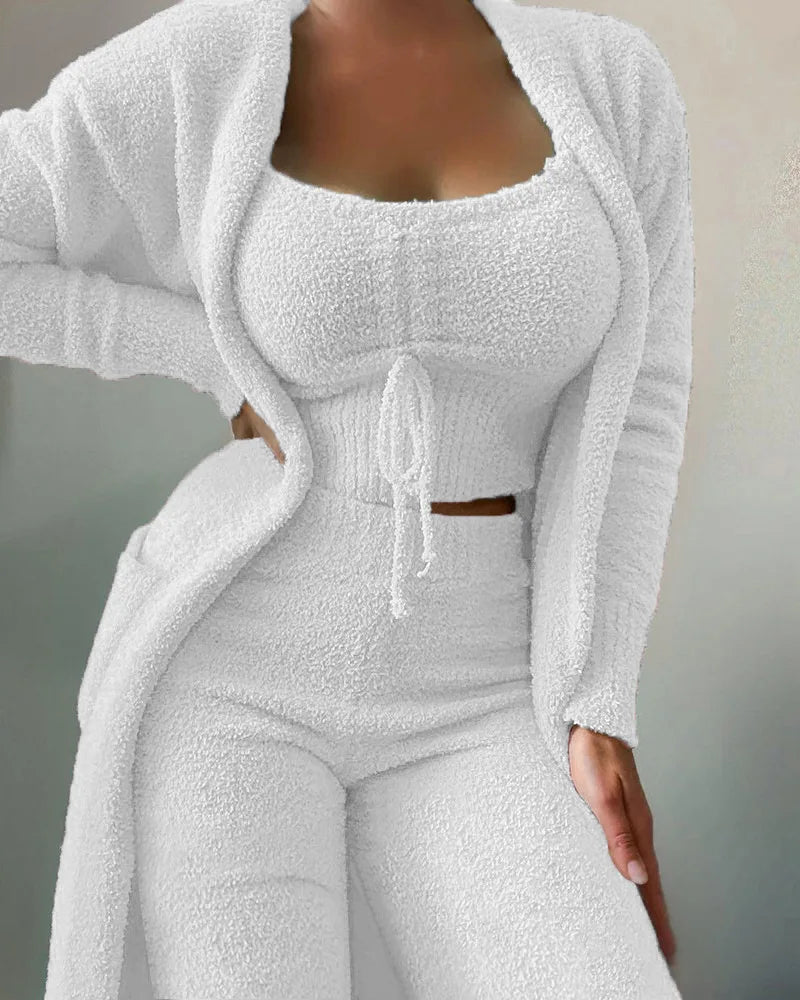 CM.YAYA 3-Piece Women Sets Plush Velvet Pajama Sleepwear Tank Tops + Pants + Cardigan Coat Tracksuit Loungewear Causal Outfits WHITE