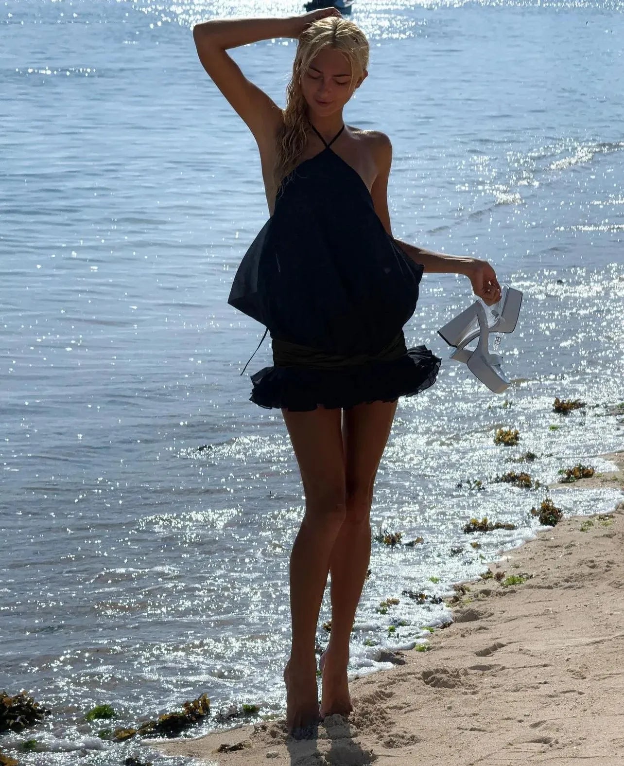 Summer Black Color Women Sexy Halter Backless Loose Ball Gown Mini Dress Beach Style Girls' Vacation Birthday Outfit