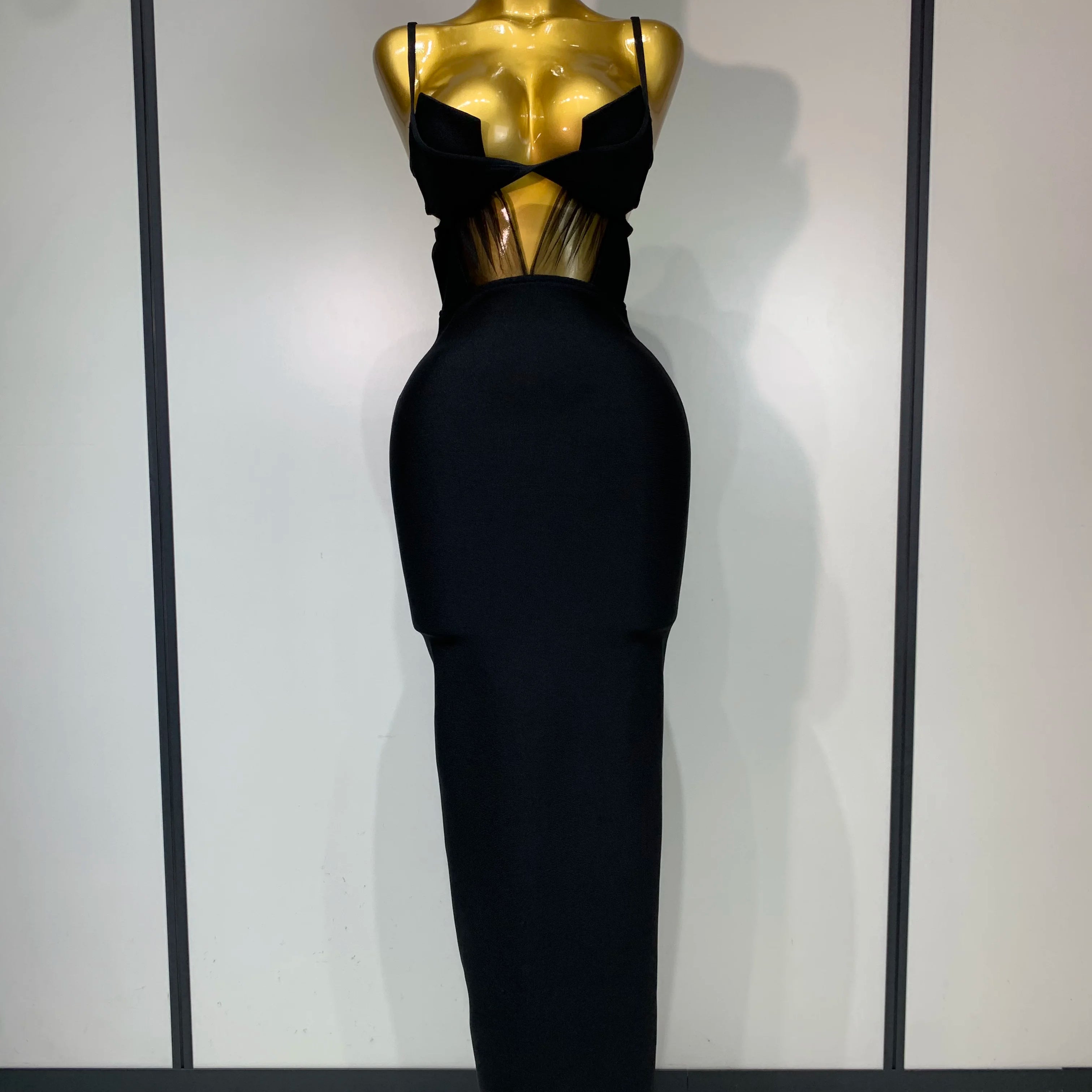 Fashion Black Spaghetti Strap Maxi Long Bandage Dress Mesh Cut Out Elegant Celebirty Bodycon Evening Club Party Birthday Dresses