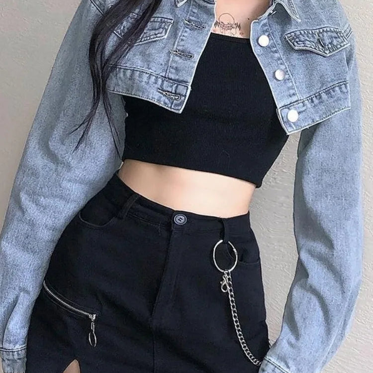 Deeptown Vintage Long Sleeve Crop Denim Jacket Women Fashion Jeans Bomber Jackets Cardigan Coat Spring Casual Coats Clothes
