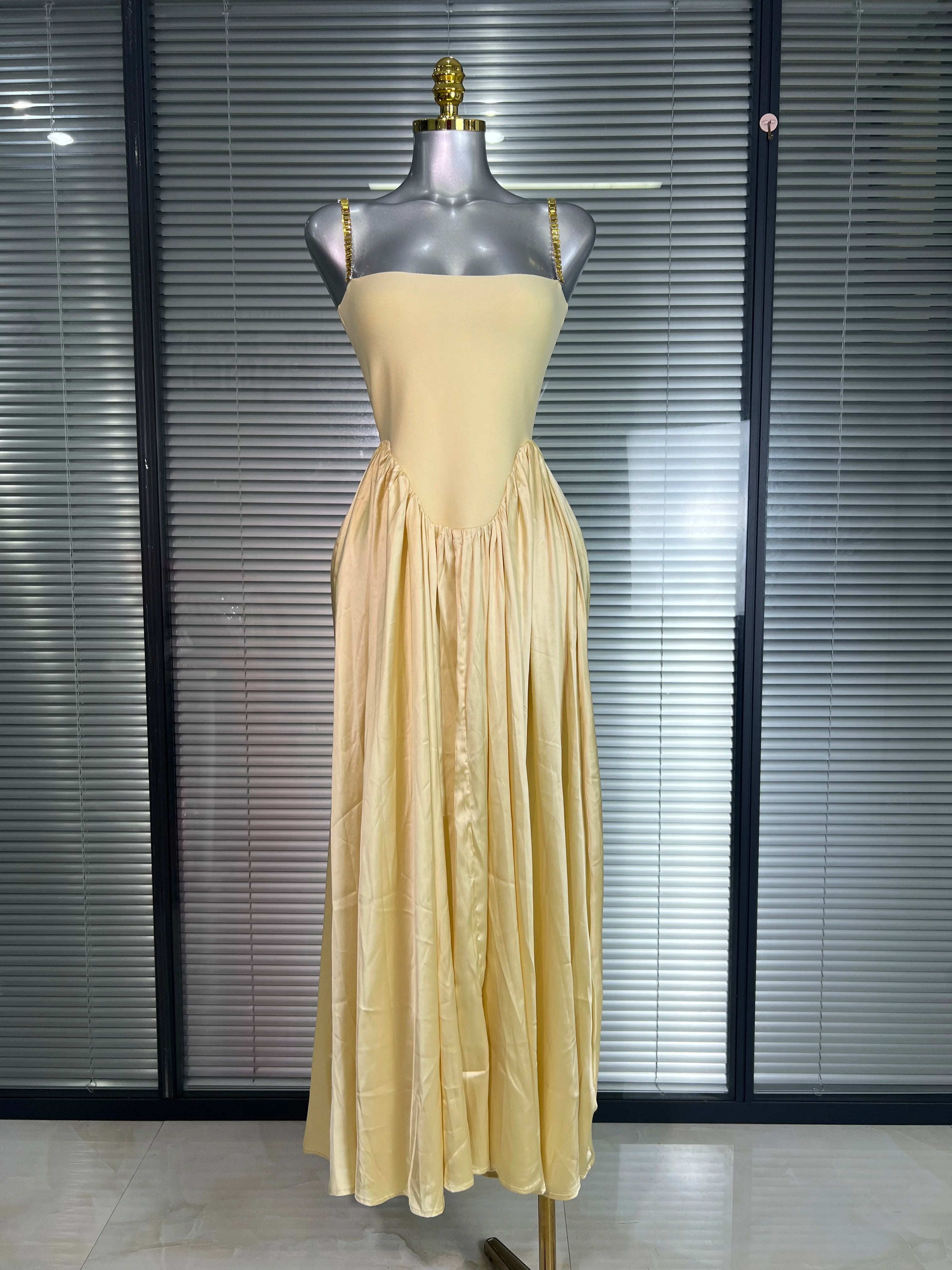 Summer New 2025 Women Luxury Sexy Chain Straps Yellow Long Gowns Bandage Dress Elegant Celebrity Evening Party Dress