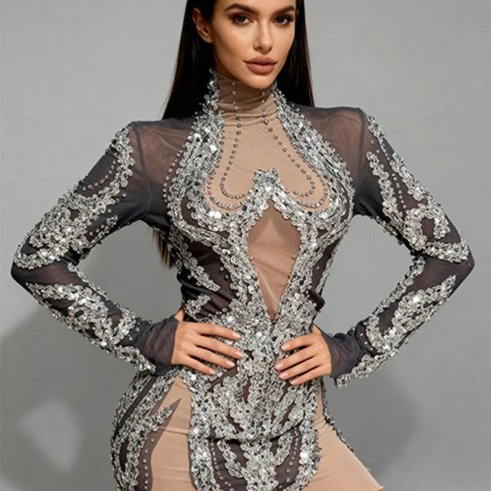 Women Sexy Mesh Sequins Stretchy Long Sleeve Sparkly Night Club See Through Singer Dancer Shining Stage Costume Mini Party Dress