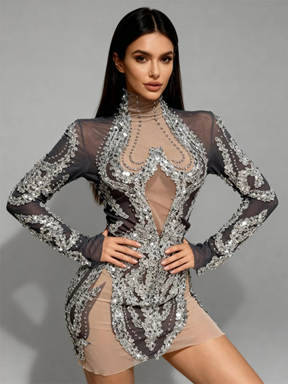 Women Sexy Mesh Sequins Stretchy Long Sleeve Sparkly Night Club See Through Singer Dancer Shining Stage Costume Mini Party Dress
