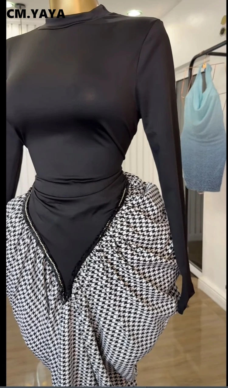 CM.YAYA Women Houndstooth Stacked Ruched Side Long Sleeve Bodycon Midi Maxi Long Dress 2025 Birthday Vacation Sexy Party Dresses