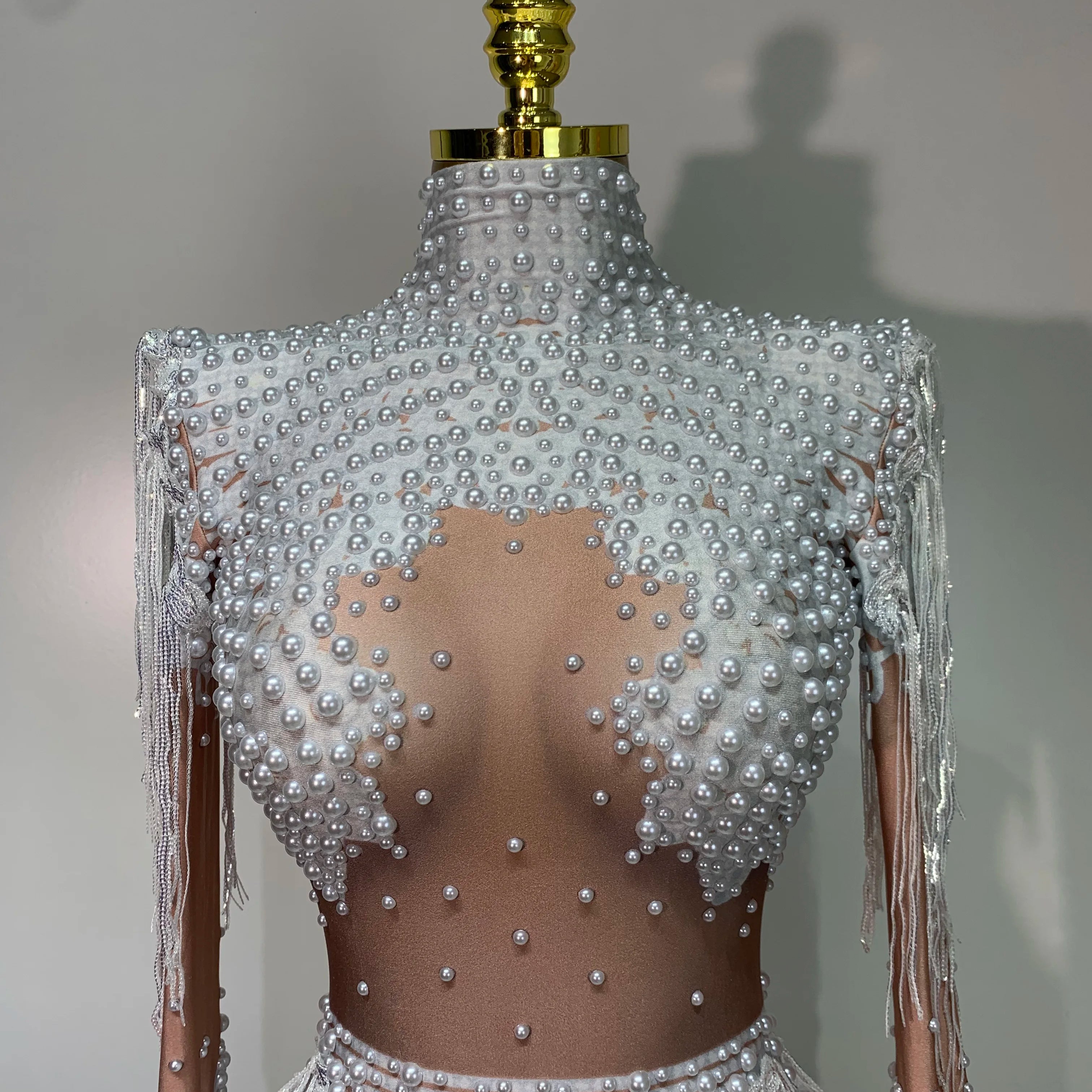 Women Long Sleeve Sexy Stretch Bodycon Shinning Tassels Rhinestones Bodysuit Celebrate Birthday Club Evening Party Stage Outfit