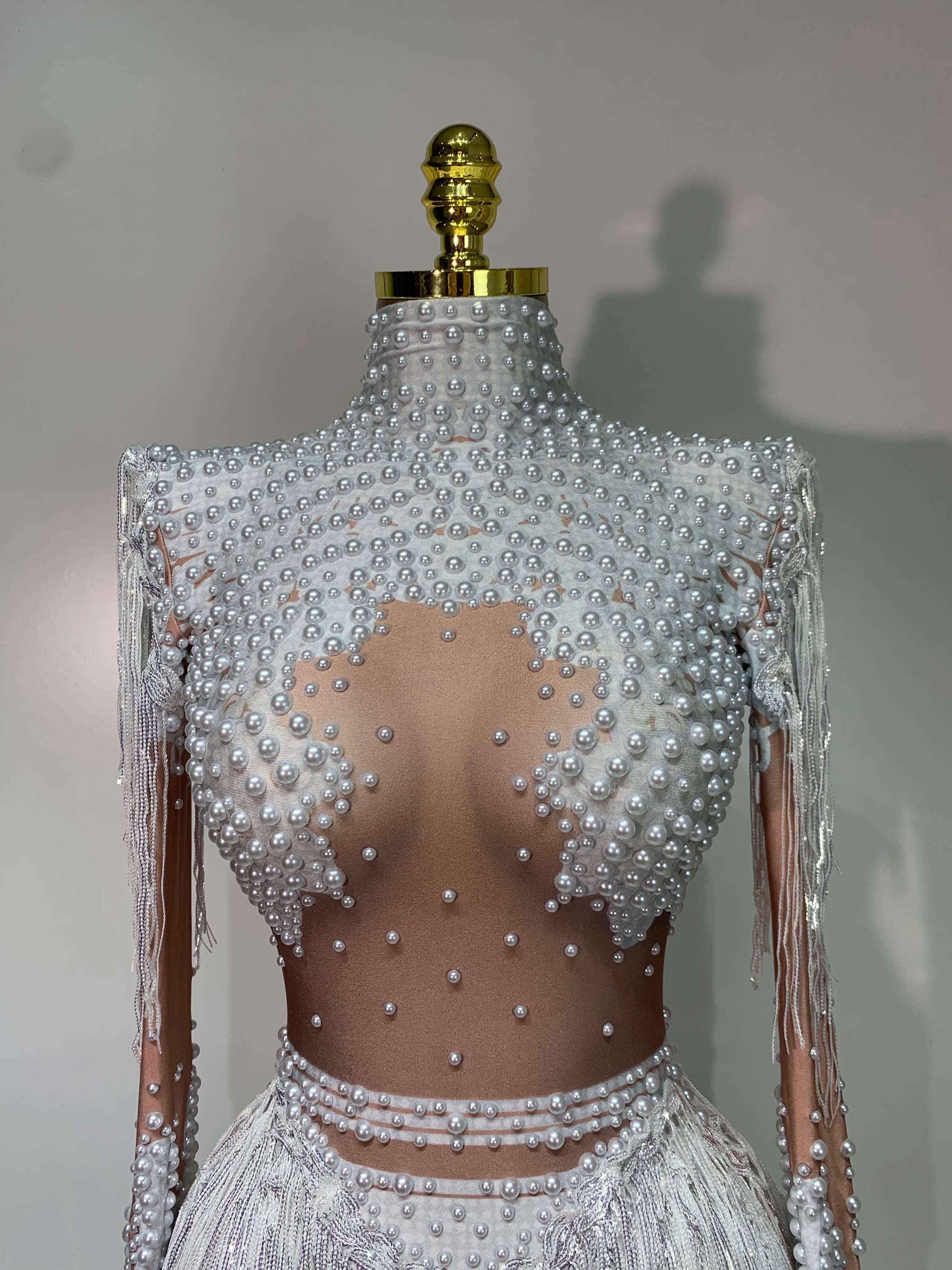 Women Long Sleeve Sexy Stretch Bodycon Shinning Tassels Rhinestones Bodysuit Celebrate Birthday Club Evening Party Stage Outfit