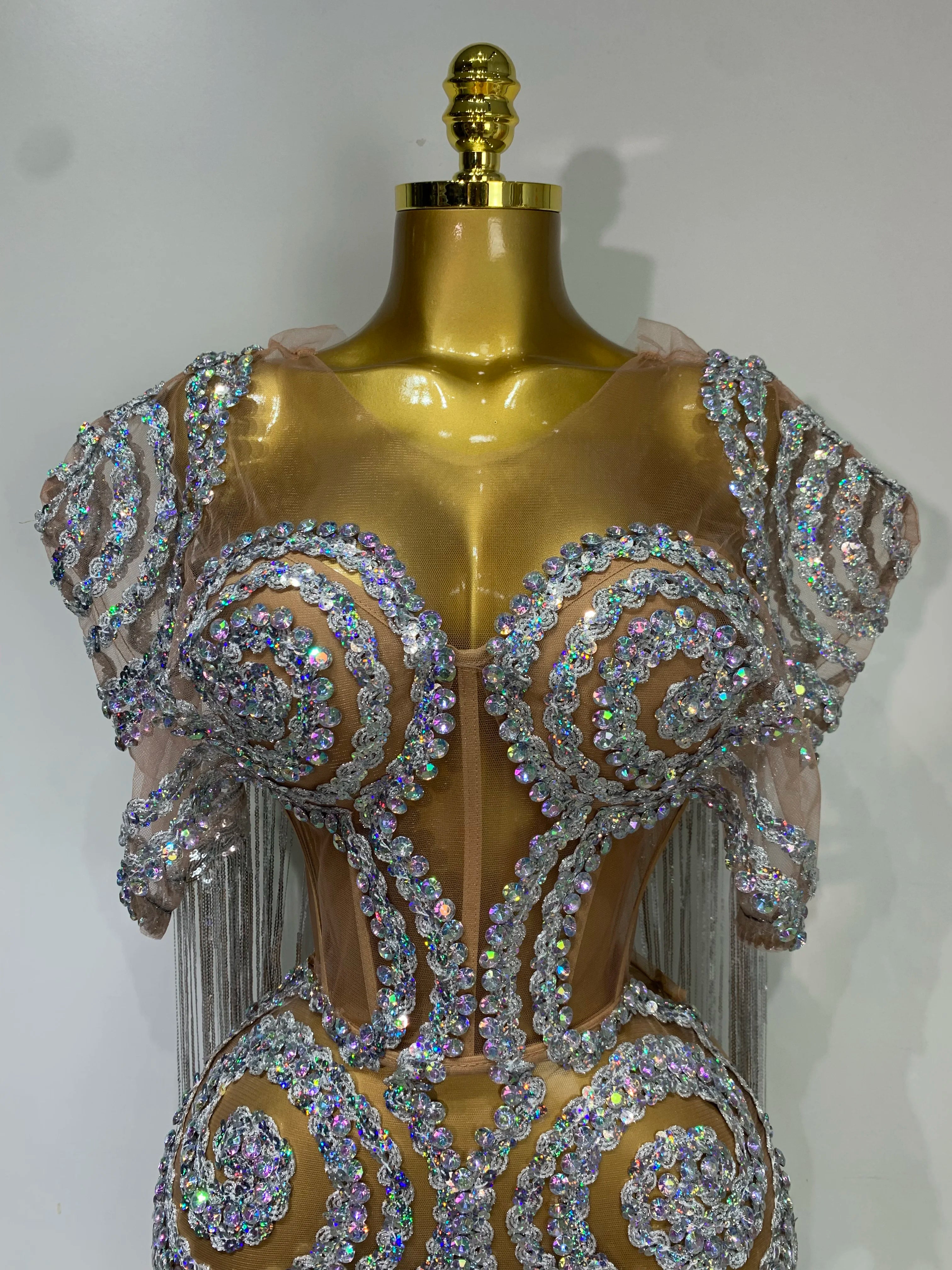 Sparkly Rhinestones Tassel Sexy Mesh Transparent Short Dress Women Evening Party Luxury Birthday Nightclub Singer Stage Costume