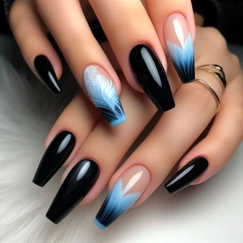 24pcs/set Medium long fake nail tips for women colorful gradient glitter starry design for Spring Summer press on false nail art